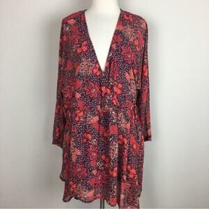 Free People Orange Navy Floral Long Sleeve  Tunic Mini Dress XS